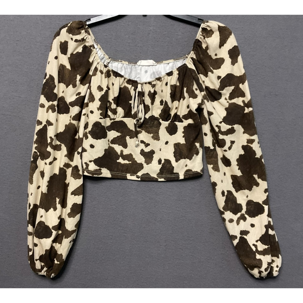 Altar'd States Crop Top Womens Small Brown Ivory Cow Print Long Sleeve‎ Boho Y2K